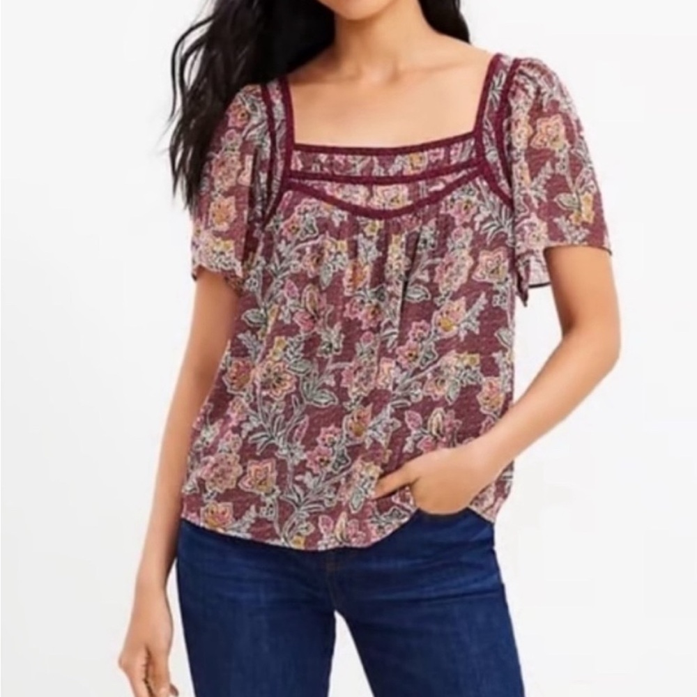 LOFT Burgundy and Pink Floral Blouse